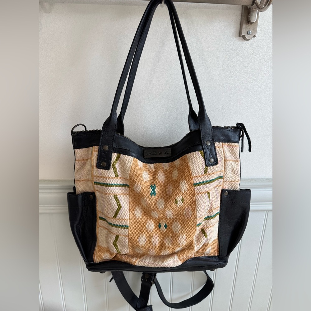 NENA AND CO Embroidered Medium Black Leather Handbag Neutrals